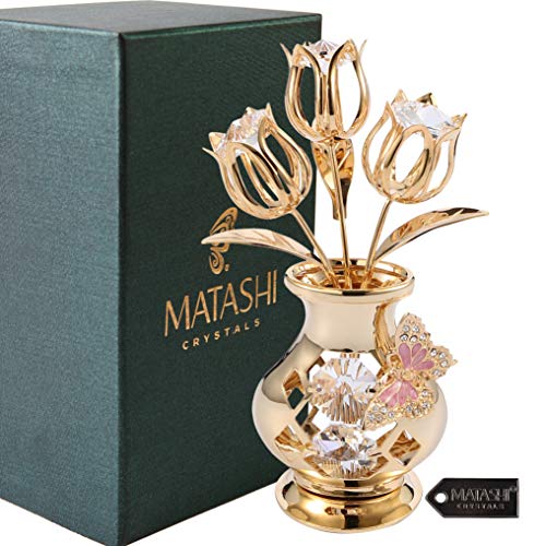 Matashi 24K Gold Plated Crystal Flower Figurine with Clear Crystals & Butterfly – Luxury Decorative Tulip Statue, Elegant Tabletop Home Décor, for Mother's Day, Valentine's Day, Christmas - color: Clear Crystal