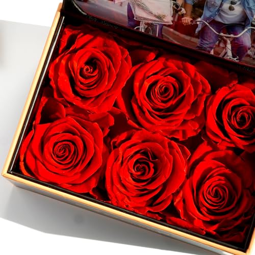ADDWel Preserved Rose Gift Box with 4x6 Photo Frame, Romantic Flower Gifts for Women, Wife or Girlfriend, 6 Eternal Roses for Delivery on Christmas, Birthday, Anniversary, Valentine’s Day - color: Red