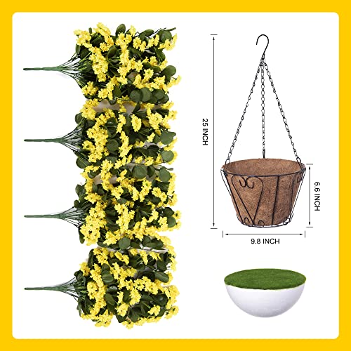 NXUGAO Artificial Flowers with Hanging Basket for Outdoors Indoors Decor, Faux Silk Chrysanthemum Plants in Baskets for Home Decoration Garden Yard Patio, 4 Bundles with 1 Basket - color: Yellow