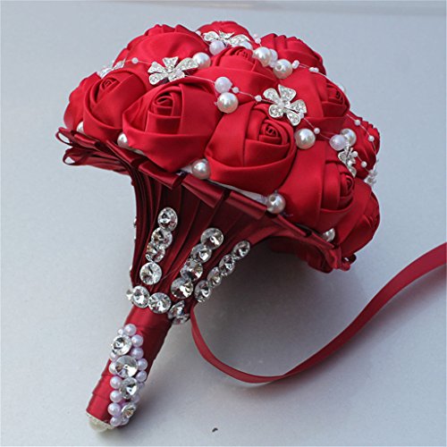 S_SSOY Wedding Bouquet Bride Bridal Brooch Bouquets Bridesmaid Bouquet Diamond Pearl Ribbon Valentine's Day Confession Party Church with Free Corsage Flower, Red - color: Red