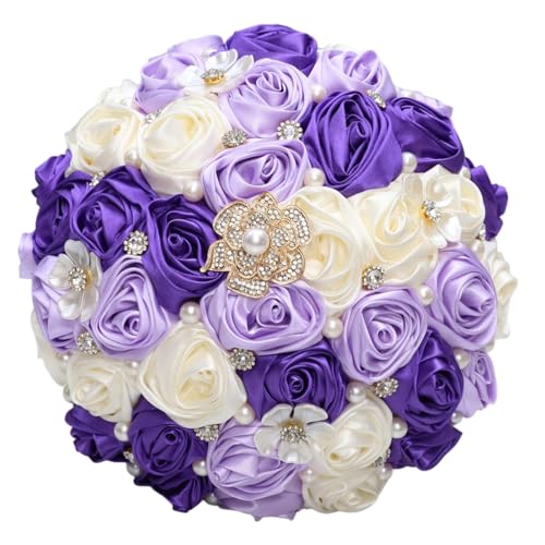 Bridal Wedding Bouquet with Rhinestone Brooch Pearl Rose Flower Bouquet for Bride Bridesmaid Wedding Quinceanera Purple Light Purple and Ivory 9.8in - color: Purple & Light Purple & Ivory, size: Extra-large (DIA. 9.8"/25cm)