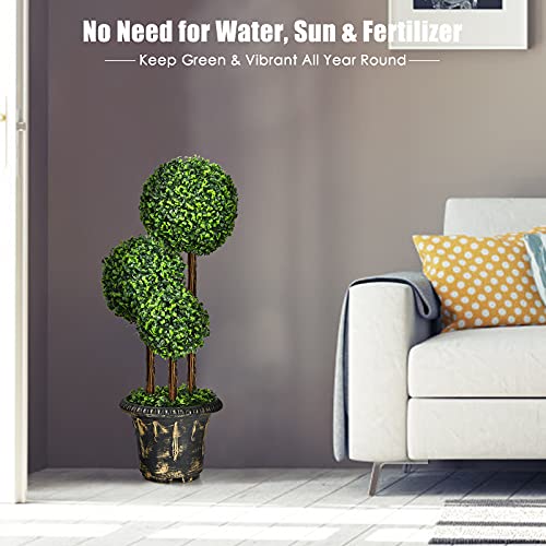 Goplus 3 Ft Artificial Boxwood Topiary Tree, 2 Pack Fake Greenery Plants Triple Ball Tree, Leaves & Cement-Filled Plastic Flower Pot Decorative Trees for Home, Office, Indoor and Outdoor Use - size: 3 Ft