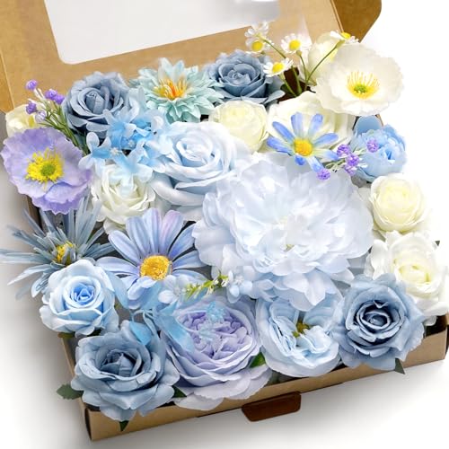 Artificial Flower Combination Box Set Artificial Flower Loose Leaves and Stems DIY Wedding Center Bouquet Bride Wedding Baby Shower(Fresh Light Blue) - color: Fresh Light Blue