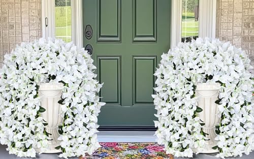 8 Pcs UV Resistant Artificial Flowers for Outdoors, Realistic Faux Silk Bougainvillea Flowers, Fake Hanging Plants for Porch Patio Balcony Decoration (White) - color: White, size: 8 Pcs