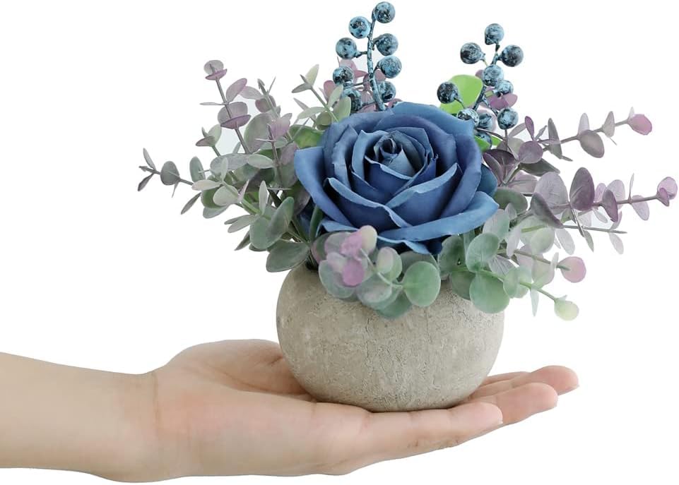Small Artificial 2pcs Blue Rose Potted Plant, 6" Fake Silk Flowers in 3.5" Round Pot, Mini Faux Floral Arrangement for Desk Shelf Bathroom Decor - color: 2pcs Blue