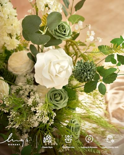 Ling's moment Artificial Greenery Stems Box Set, 71pcs with 5 Kinds of Faux Greenery Picks for DIY Bridal Bouquets Wedding Floral Arrangement Table Centerpieces, Light Green & White - color: Grn-light Green & White
