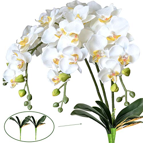 FagusHome 31" Artificial Silk Phalaenopsis Flowers 3 Pcs with 2 Bundles Leaves Artificial Orchid Flowers Stem Plants in Fake Butterfly Phalaenopsis Flowers for Home Wedding Party Décor (White)