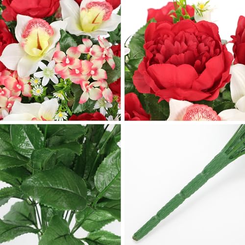 Briful Artificial Flowers for Cemetery, Cemetery Flowers for Grave, Weather Resistant Cemetery Flowers for Vase, Large Sympathy Grave Floral Arrangement with Peonies Lily Silk Flower - color: Red, size: 25.9 in. Cemetery Flowers Bouquet