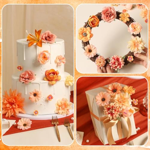 Fall Artificial Flower Heads Combo - 48pcs Orange Silk Flowers Bulk Faux Rose for Wedding Decor, Bridal Bouquets, Graduation Parties, Cake Toppers & Home DIY Crafts - color: Orange 1