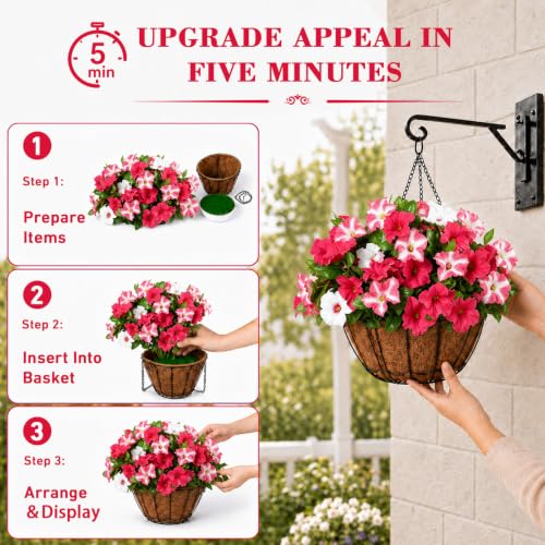 6Pcs Artificial Flowers for Outdoors, Fake Petunias Morning Glory Silk Flower UV Resistant, Faux Flowers for Outdoor Planters, Realistic Flora for Window Box Garden Porch Decor (RedWhite-Petunia) - color: Redwhite-petunia