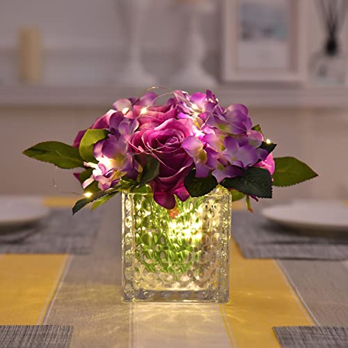 Fule Artificial Silk Rose Flower Centerpiece Arrangement in Glass Vase with LED Light for Home Wedding Decoration (Light Purple) - color: Light Purple