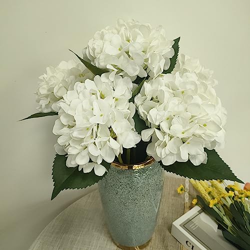 White Hydrangea Artificial Flowers,6 Pcs Faux Artificial Hydrangeas Flowers with Stems,Fake Silk Hydrangeas Flowers with Stems for Home Decor (6, White) - color: White