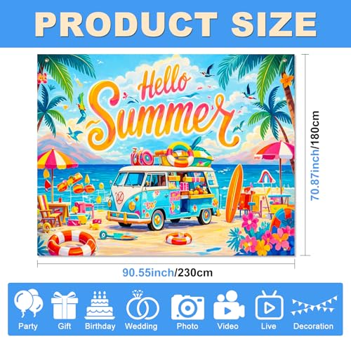 BlissYard Summer Beach Party Backdrop 8x6ft Hello Summer Coastal Van Theme Tropical Ocean Seaside Photo Booth Background for Birthday Pool Party Luau Vacation Event Indoor Outdoor Decoration - color: Summer Beach#03