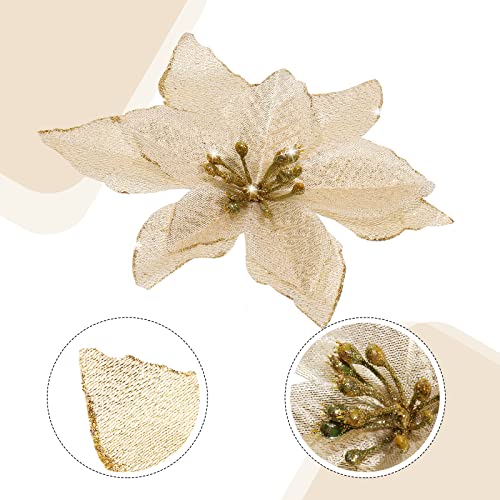 Geosar 100 Pcs 3 Size Christmas Poinsettia Flowers with Clips Glitter Artificial Flowers Small Christmas Tree Ornaments Faux for Xmas Party DIY Craft Wreath Garland New Year, 3/4/6 Inches(Gold) - color: Gold