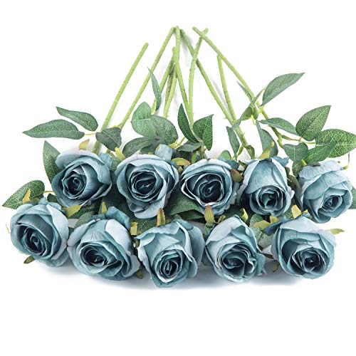 10pcs Artificial Rose Flowers Long Stem Fake Silk Roses for DIY Wedding Bouquet Table Centerpiece Home Decor (Blue) - color: Blue