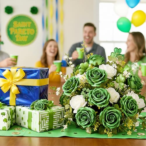 Auihiay 14PCS Green Artificial Roses, Realistic Rose Bouquet with Long Stems for Valentine's Day, St. Patrick's Day, DIY Floral Craft & Home Decoration - color: Green