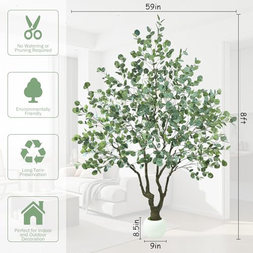 Caxchiling Large Artificial Eucalyptus Tree 8FT, Fake Tree for Indoor Outdoor, Lifelike Tall Floor Plants with Heavy Trunk and Ball-Shaped Pot, Home Office Decor Living Room Bedroom Doorway Hallway - color: Eucalyptus, size: 8ft