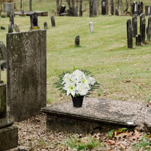 Hollyone Artificial Cemetery Flower for Graves, White Faux Lily Rose Flowers in Pot Silk Cemetery Memorial Flowers for Outdoors Gravesites Headstones Home Decoration - color: White-rose Lily