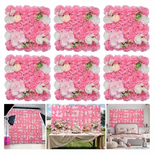 Flower Wall Backdrop 6 Piece of 16.5x16.5 Inch Artificial Floral Wall Panel Faux Silk Rose Decor Ideal for Wedding Celebrations, Festive Party Backdrops, and Home Decor-Rose Pink - color: Rose Pink, size: 16.5inch
