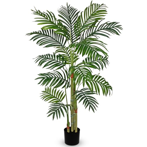 Hollyone Fake Palm Tree Decor 4FT with Planter Artificial Palm Tree Faux Tropical Areca Floor Plant in Pot with 3 Textured Trunks Silk Plant for Home Garden Outdoor Indoor Office Decor - color: 4ft