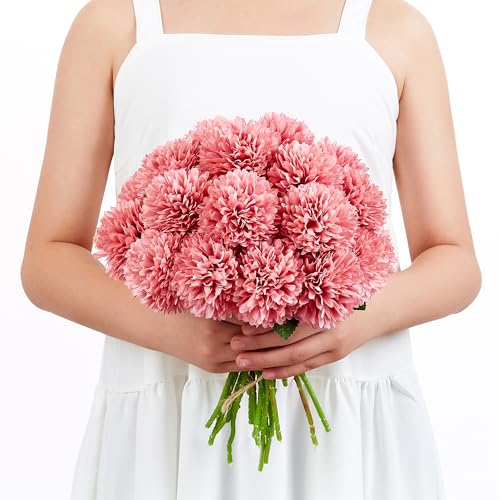 SITUMEIZI 12 Pcs Pink Artificial Chrysanthemums Flowers Ball Flower Fake Mums Silk for Wedding Home Kitchen Decoration Floral Arrangement - color: Pink, size: 12 Pieces