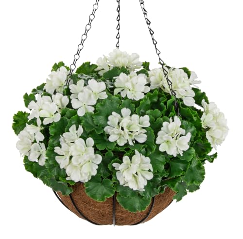 Artificial Geraniums for Outdoors with Hanging Basket, UV Resistant Realistic Artificial Geranium Outdoor Hanging Flowers Spring Porch Home Patio Balcony Yard Decoration, White - color: White, size: Medium