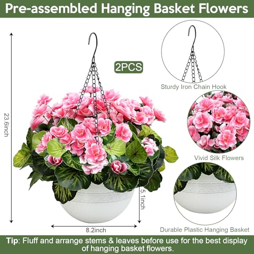 2 Sets Artificial Hanging Baskets Flowers for Outdoors, Already Assembly Silk Flower with Hanging Baskets UV Resistant Realistic for Spring Summer Garden Porch Yard Patio Outside Decor, Pink - color: Pink