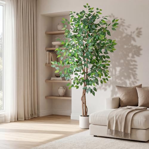 Artificial Ficus Tree 6FT Tall, Faux Ficus Tree Indoor Outdoor, Fake Silk Ficus Plant with Planter, Lifelike Leaves Large Potted Floor Tree for Home Office Living Room Porch Decor - size: 6ft