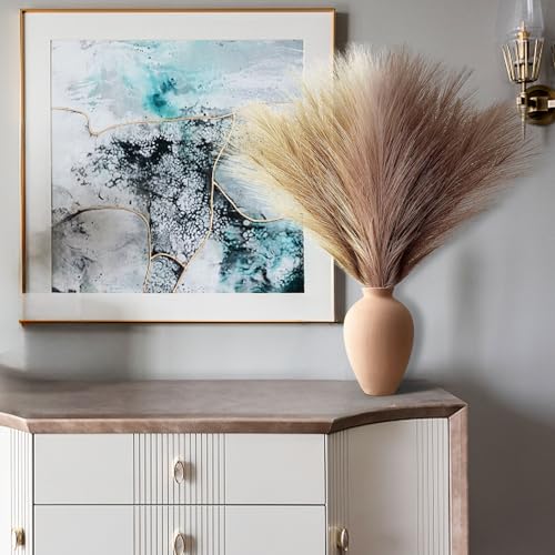 Pampas Grass Decor, Fluffy Faux Pampas Grass 6 Stem 18"/45cm Pompous Grass Small Flower Arrangement and Vase Filler for Boho Home Wedding Decoration - color: Beige& Light Curry& Brown Curry