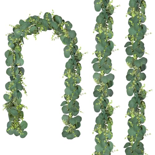 CQURE 3Pcs Eucalyptus Garland,Artificial Eucalyptus Leaves Table Greenery Garland Wreath Vines for Wedding Party Table Fireplace Bedroom Wall Room Decor - size: 17.7 Ft without Flowers