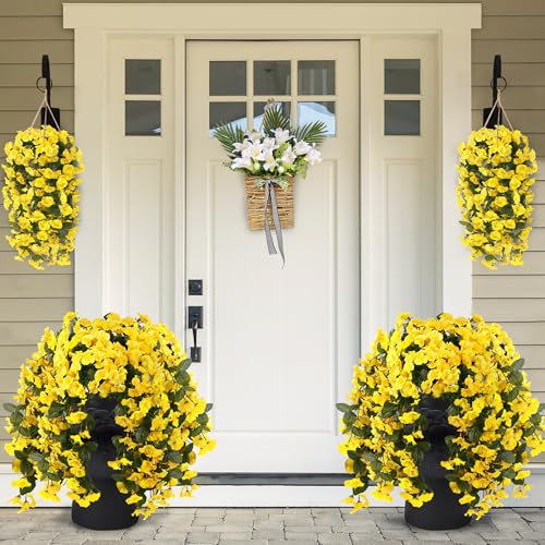 Sggvecsy Artificial Fake Hanging Flowers Plants for Outdoor Outside Spring Summer Decoration 2PCS Faux Silk UV Resistant Realistic Morning Glory Trailing Vines for Home Porch Patio Balcony(Yellow) - color: Yellow, size: 2Pcs