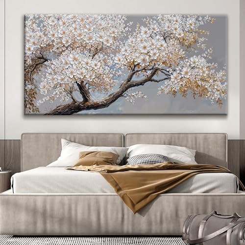 Large Wall Art Decor Modern White Flowers On Tree Artwork Prints Decor Ready To Hang Canvas Wall Art For Living Room Office Bedroom Wall Decor Kitchen 29x58 Inch - color: White Brown, size: 58"L x 29"W