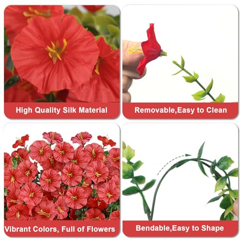 Artificial Flowers for Outdoors, 6-Pack 420 Blooms UV Resistant Hanging Morning Glory Silk Flowers Vines, Realistic Fake Plants Outside Decroation for Porch Patio Balcony Yard Garden (Red) - color: Red