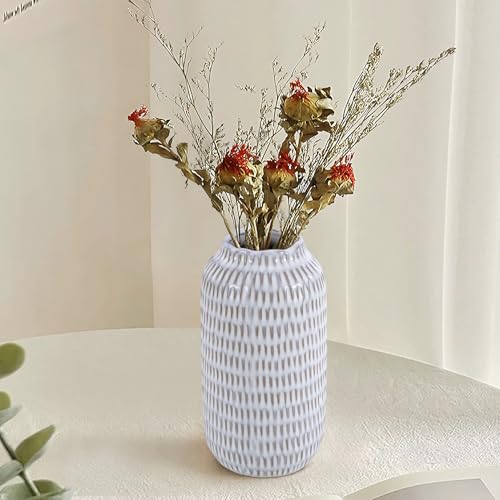 Ceramic Vase for Flowers – Modern Small Ribbed Textured Flower Vase for Home Decor, Pampas Grass, Decorative, Farmhouse, Coffee Table, Kitchen Centerpieces, Bookshelf and Home Living (Glaze White) - color: Glaze White