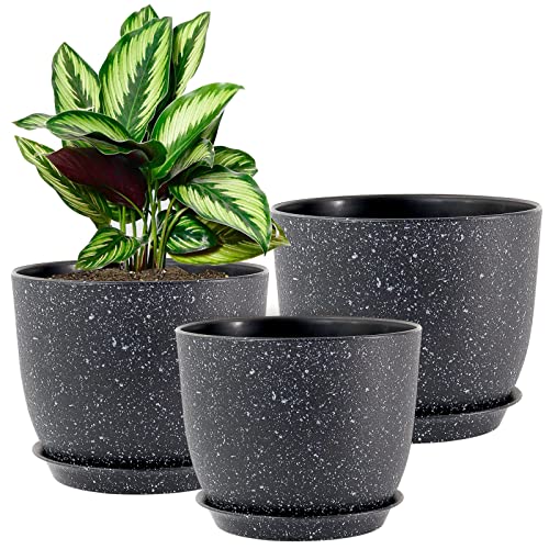 WOUSIWER Plant Pots 10/9/8 inch, Set of 3 Modern Decorative Plastic Planters with Drainage Holes and Saucers for House Plants Indoor Flowers Plants, Black with White Speckles - color: Black With White Speckles