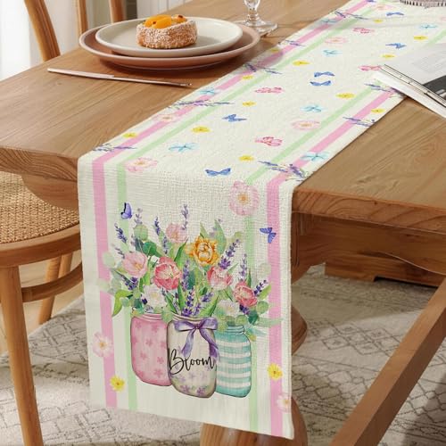 72 x 13 Inch Spring Floral Table Runner – Spring Table Runner with Mason Jar Wildflower and Butterfly Pattern for Garden Parties, Kitchen, Mantel, Dining Table Décor, Spring Party Supplies - style: Victorian