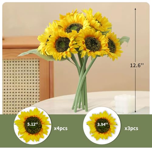 7Pcs Realistic Silk Sunflowers Artificial Flowers,12.6''Fake Sunflowers with Adjustable Long Stem&Detachable Flower Head,Perfect for Home Decor,Wedding,DIY,Sunflowers Decoration for Indoor&Outdoor - size: 7pcs-12.6''