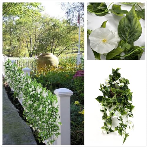 Artificial Morning Glory Flower Vines, Fake Hanging Plants Silk Garland Ivy Faux Green Leaves Vine Decoration for Home Bedroom Wedding Party Garden Wall Fence Stairway Baskets Decor White 2 Pack - color: Morning Glory Vines - White 2 Pcs