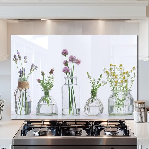 DAIFURONGE Tempered Glass Backsplash Kitchen,Flowers and Vase,36"x24" | Behind Stove Back Splash Panel Protector, Easy to Clean, Kitchen Wall Decor,One Piece Oven and Range Backsplash - size: 35.4"L x 23.6"W