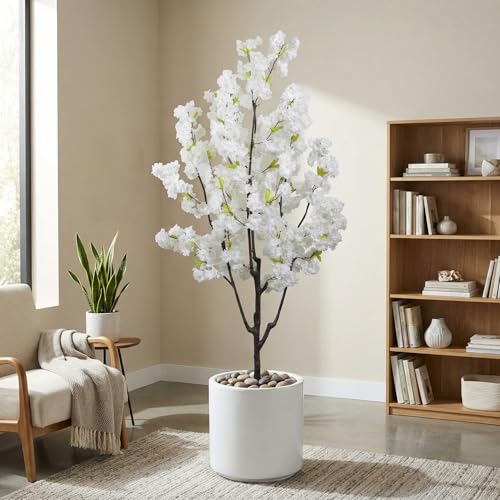 Indoor Cherry Blossoms Tree White Artificial Cherry Blossom Tree 6FT Faux Bedroom Trees for Home Christmas New Year Decor - color: White-ap24