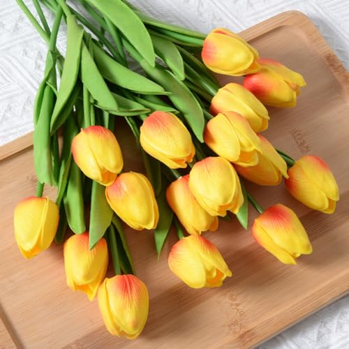 PU Real Touch Tulips Artificial Flowers 30Pcs Fake Flowers Arrangement Bouquet for Home Office Wedding Decoration (Orange) - color: Orange 30pcs