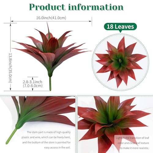 2 Pack 16 Inch Artificial Agave Plant - Large Faux Succulent Steams for Indoor Outdoor Decorating, UV Resistant Realistic Tropical Greenery for Garden Front Porch Aesthetic Decor - 18 Leaves, Red - color: Red, size: 16"- 2pcs