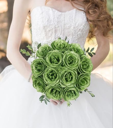 Artificial Roses,30PCS Green Glitter Flowers Faux Roses with Stems for Wedding Bouquet Party Christmas Home Decor(Green) - color: Green
