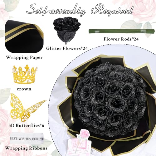 Waipfaru Black Glitter Roses Bouquet, DIY Flowers Bouquet, Birthday Gifts for Women Mom Grandma Wife Girlfriend, 24 Pcs Fake Rose for Valentines, Mothers Day, Anniversary, Graduation Gifts - color: Black, size: 24pcs