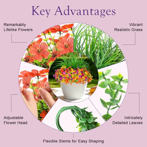INQCMY Artificial Flowers for Outdoors UV Resistant, 14 Bundles Fake Plants Realistic Silk Flowers with Faux Ferns for Outside Planters Home Porch Patio Garden Back Yard Spring Summer Decoration - color: Light Purple Orange Yellow Red