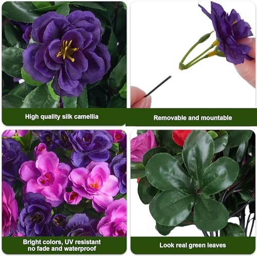 Artificial Fake Outdoor Flowers Plants, Faux Silk Camellia Bundles UV Resistant No Fade Realistic for Planter Pot Outside Porch Patio Balcony Garden Yard Home Decor, 3 Large Bundles (Purple+Fuchsia) - color: Purple+fuchsia