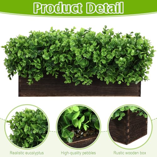 Lyrow 2 Pack Artificial Eucalyptus Plant in Rustic Rectangular Wooden Planter Box Greenery Faux Potted Herb Plant for Indoor Wedding Table Centerpiece (Emerald,16 x 3.7 x 8.7 Inches,Stylish Style) - color: Brown, size: 16.1 Inch, style: Emerald Green Roun