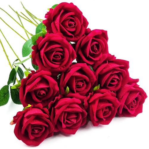 10 PCS Artificial Roses with Long Stems Silk Flowers Realistic Foam Flowers Fake Roses for Valentine's Day Home Wedding Halloween Decor(Brilliant Red) - color: Brilliant Red