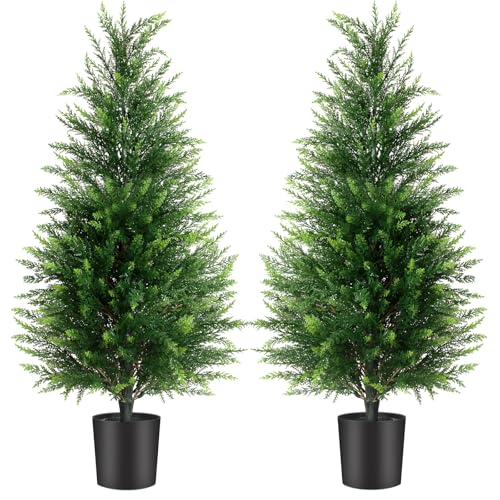 3FT Artificial Cedar Trees 2 Pack, UV Protected | Lifelike artificial cypress, UV protected, no watering. Fake outdoor topiary potted plants for porch, patio, garden. - size: 3FT