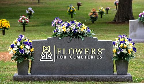 Sympathy Silks Artificial Cemetery Flowers - Grave Decoration - Yellow Tulips and Purple Iris (1) Headstone Saddle (2) Bouquets - color: Yellow/Purple, size: (1) Saddle (2) Bouquets
